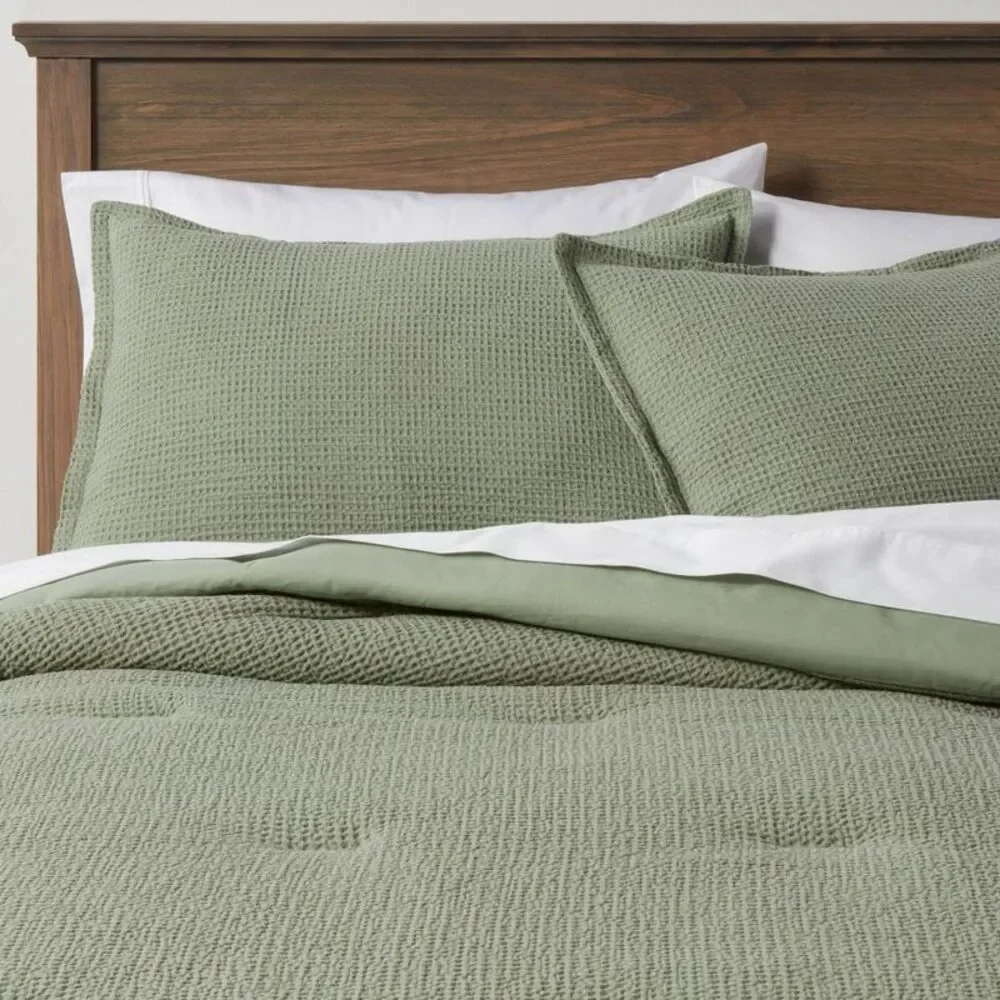 King Washed Waffle Weave 3-Piece Comforter Set - Sage Green
